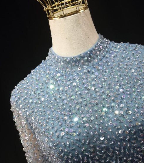 Light Blue Sequin Ball Gown Wedding Dress - Long Sleeve Wedding Dress - Sheer Corset Wedding Dress Plus Size